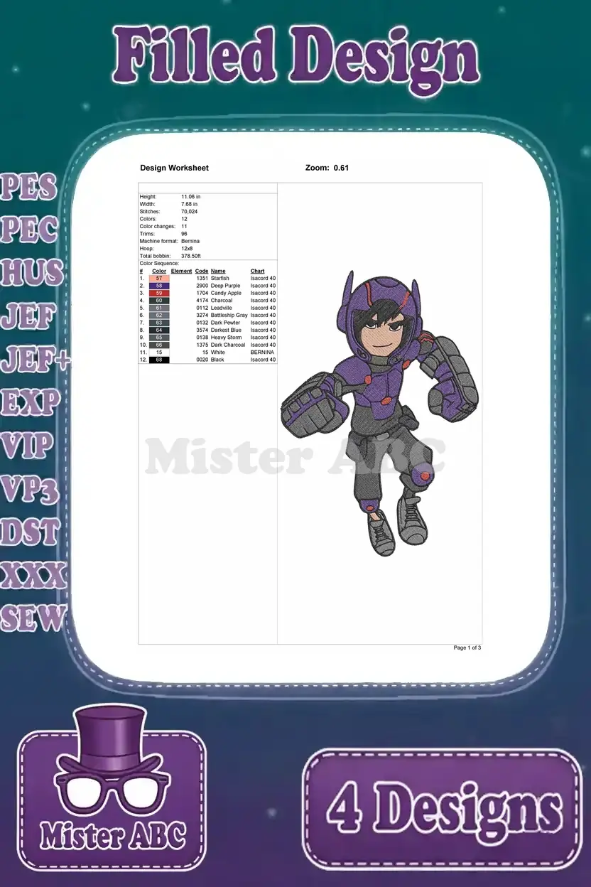 Detailed design worksheet for the first Hiro Hamada filled embroidery design, displaying thread colors, stitch count, and size.