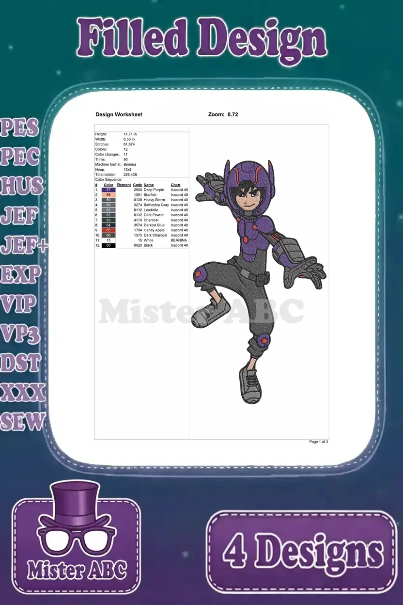 Detailed design worksheet for the first Big Hero 6 embroidery, showing Hiro Hamada in his armored suit, with stitch data.