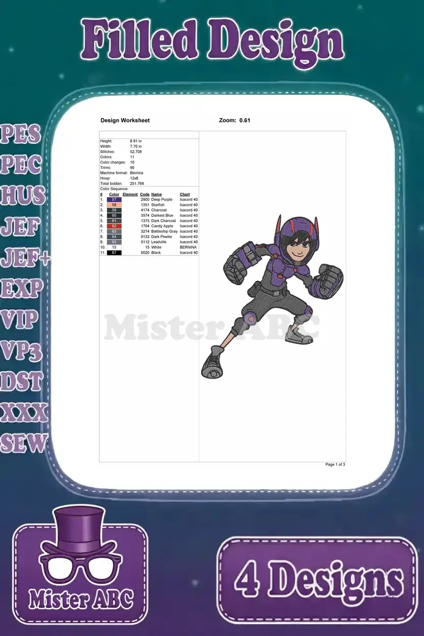 Design worksheet for the dynamic pose of armored Hiro Hamada, detailing stitch count, dimensions, and colors.