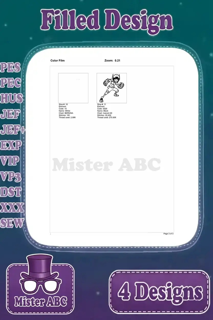 Color film presenting the final stitch stops (10-11) for the dynamic armored Hiro Hamada embroidery design.