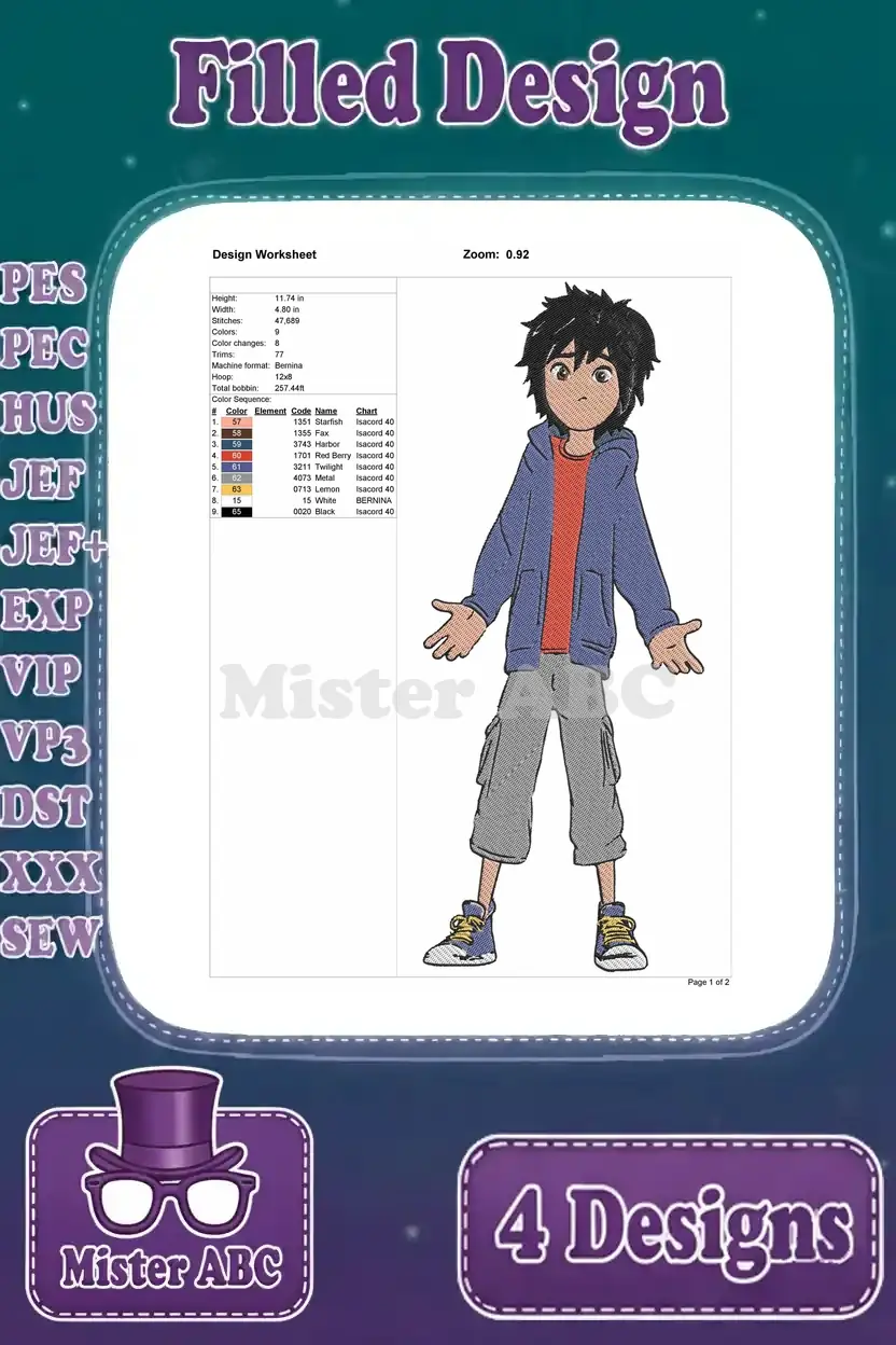 Design worksheet for the casual Hiro Hamada embroidery, including detailed dimensions, stitch count, and color palette.