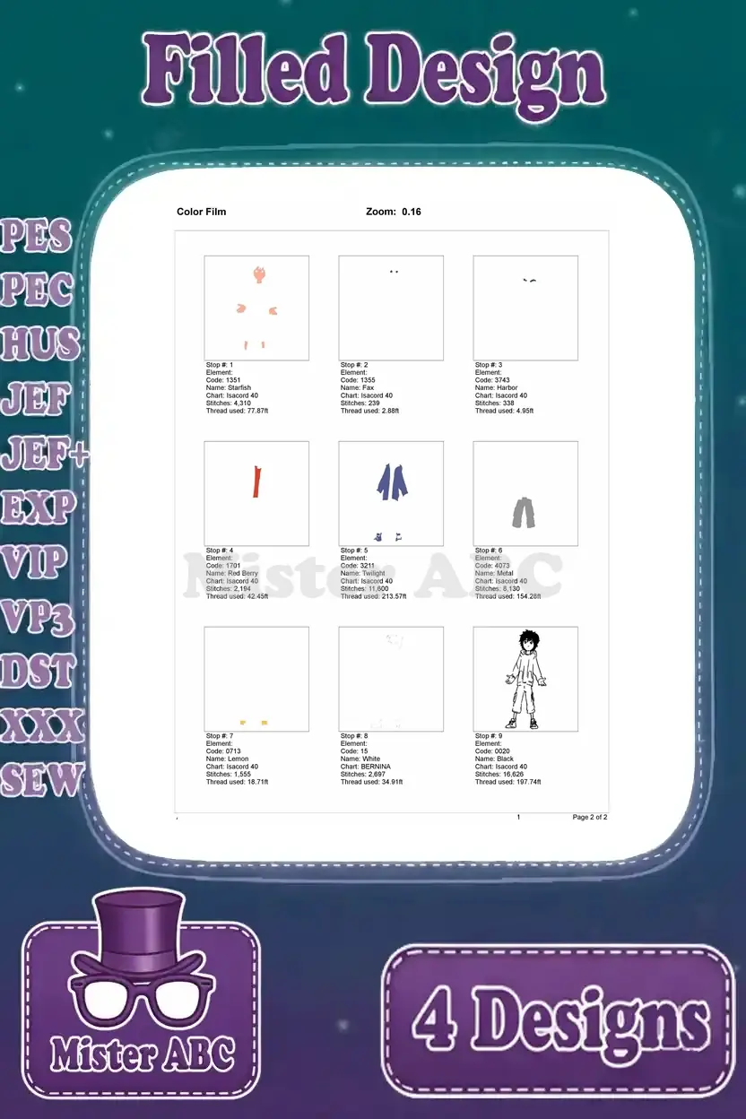 Color film illustrating all stitch stops (1-9) for the casual Hiro Hamada embroidery design, step-by-step.