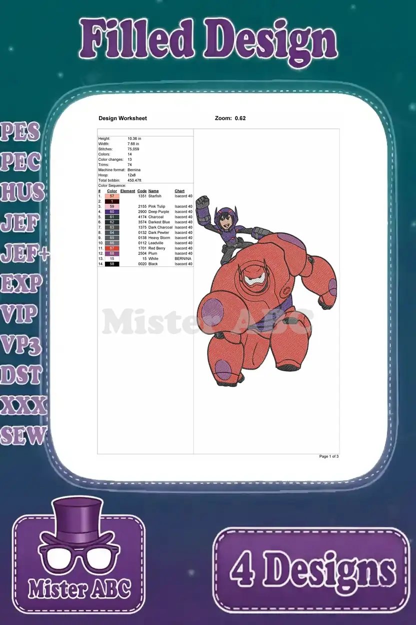 Design worksheet for the Hiro and Baymax duo embroidery, outlining dimensions, stitch count, and color details.