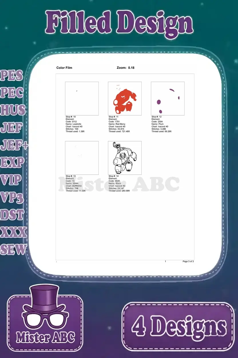 Color film showing the final stitch stops (10-14) for the Hiro and Baymax duo embroidery design.