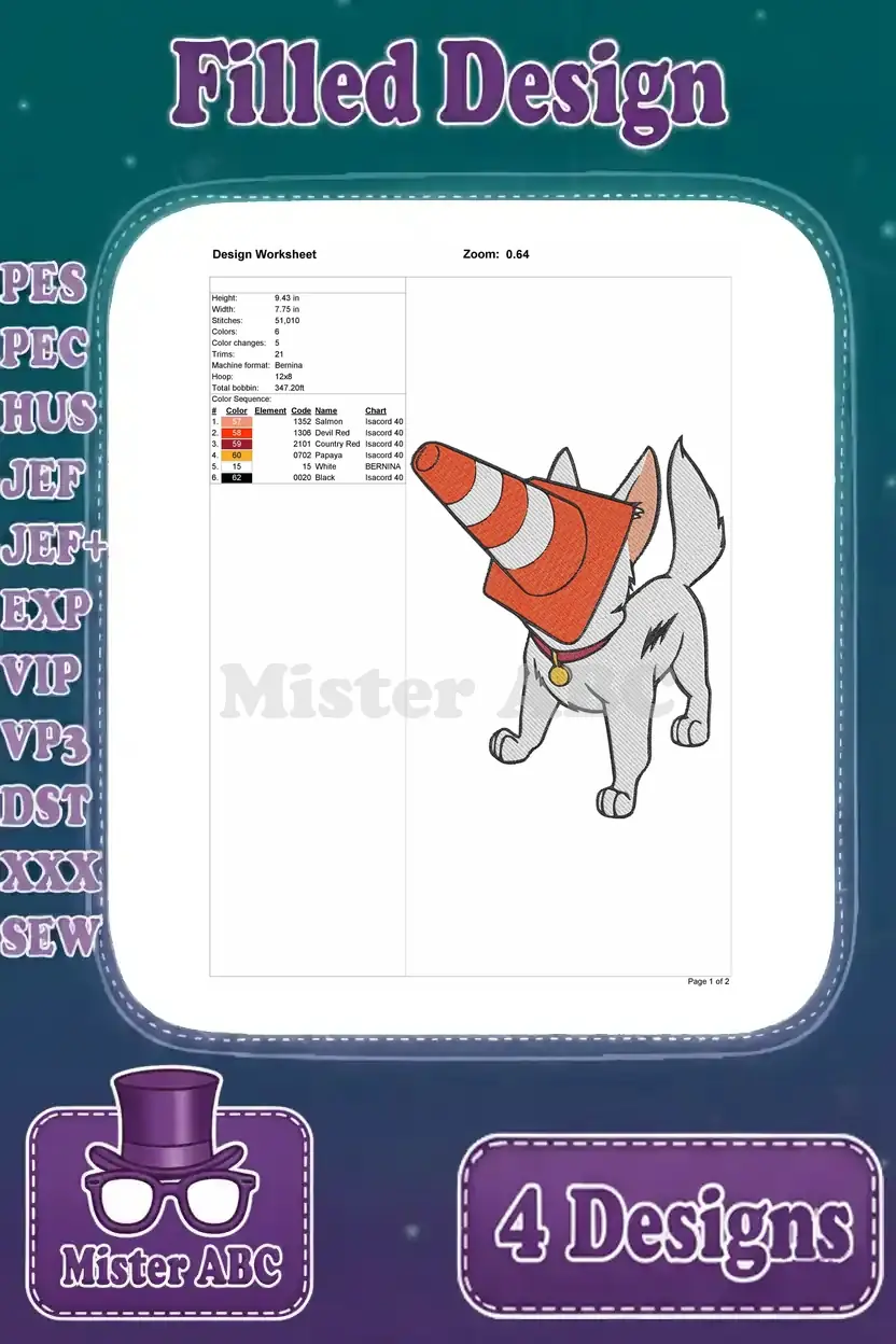 Detailed design worksheet for the Bolt with traffic cone embroidery, showing dimensions, stitch count, and colors.