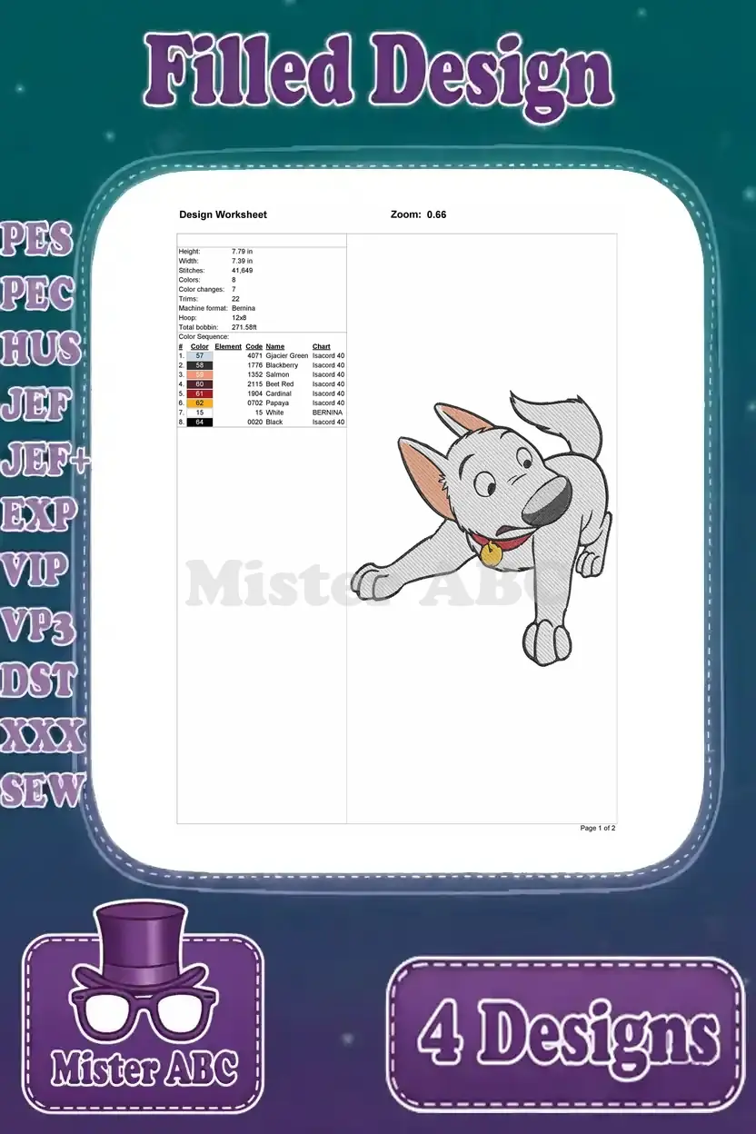 Comprehensive design worksheet for the playful crouching Bolt embroidery, detailing stitch counts and color information.