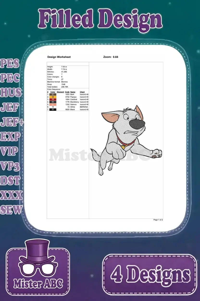 Design worksheet for the startled running Bolt embroidery, complete with essential dimensions, stitches, and colors.