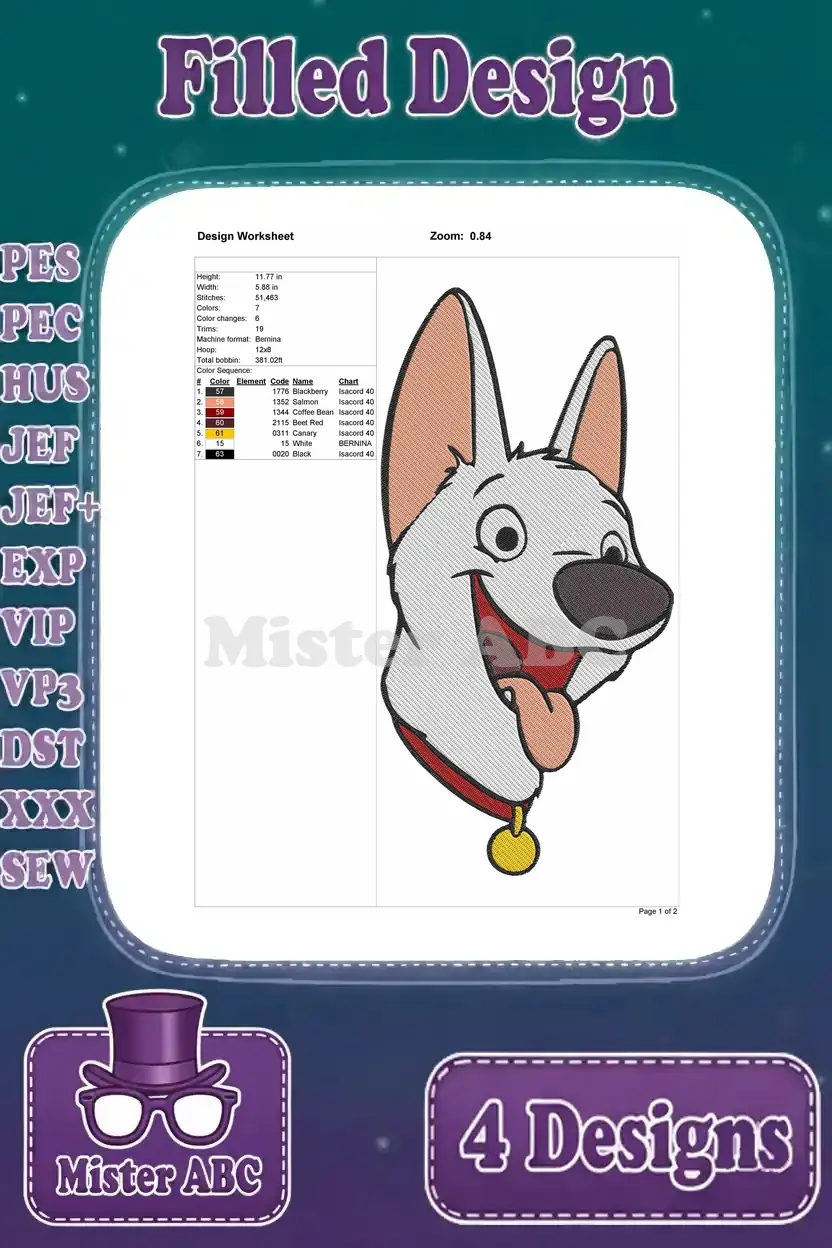 Design worksheet for the happy Bolt headshot embroidery, featuring dimensions, stitch count, and color sequence.