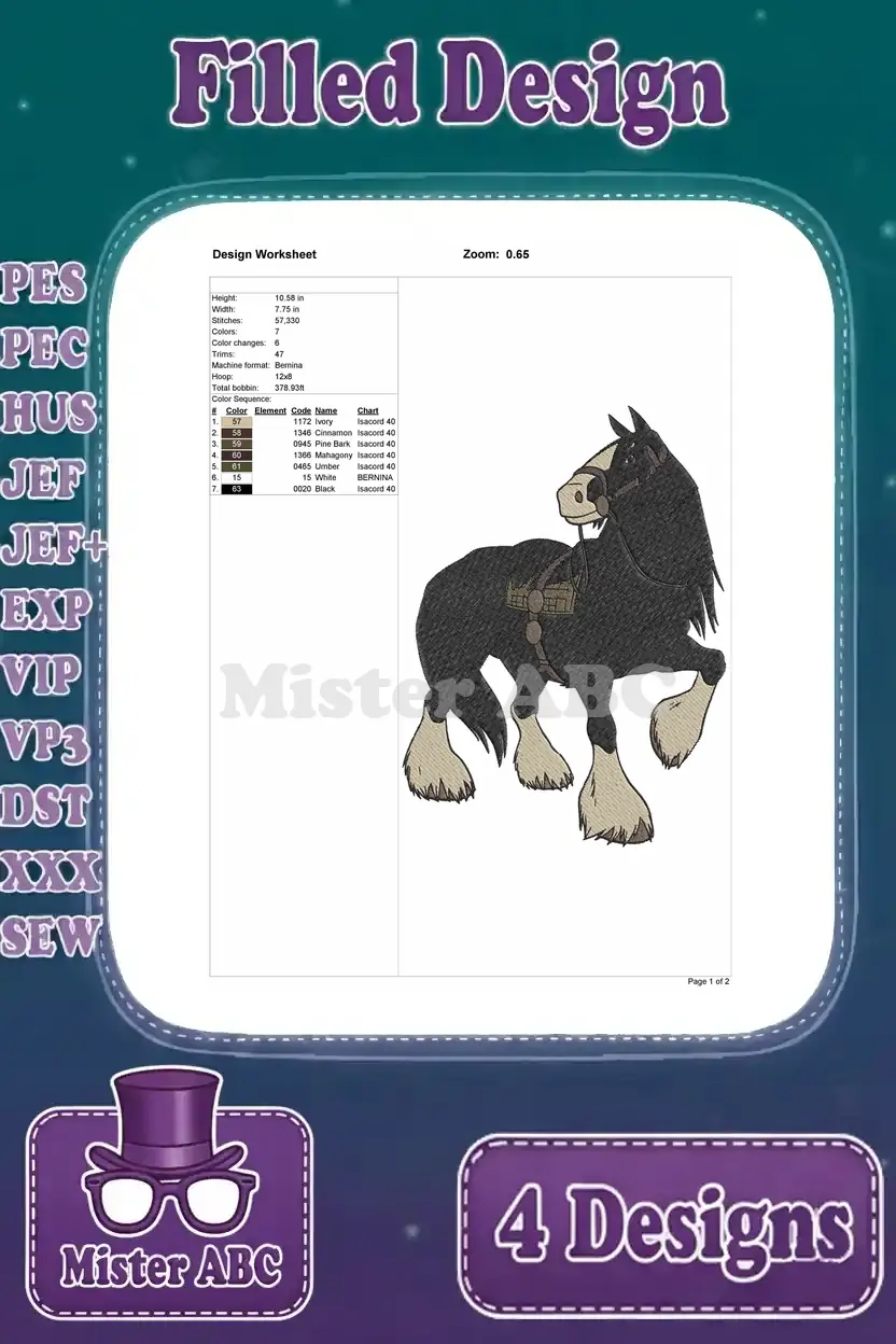 Detailed design worksheet for the Angus embroidery, showing stitch count, color sequence, dimensions, and thread details.