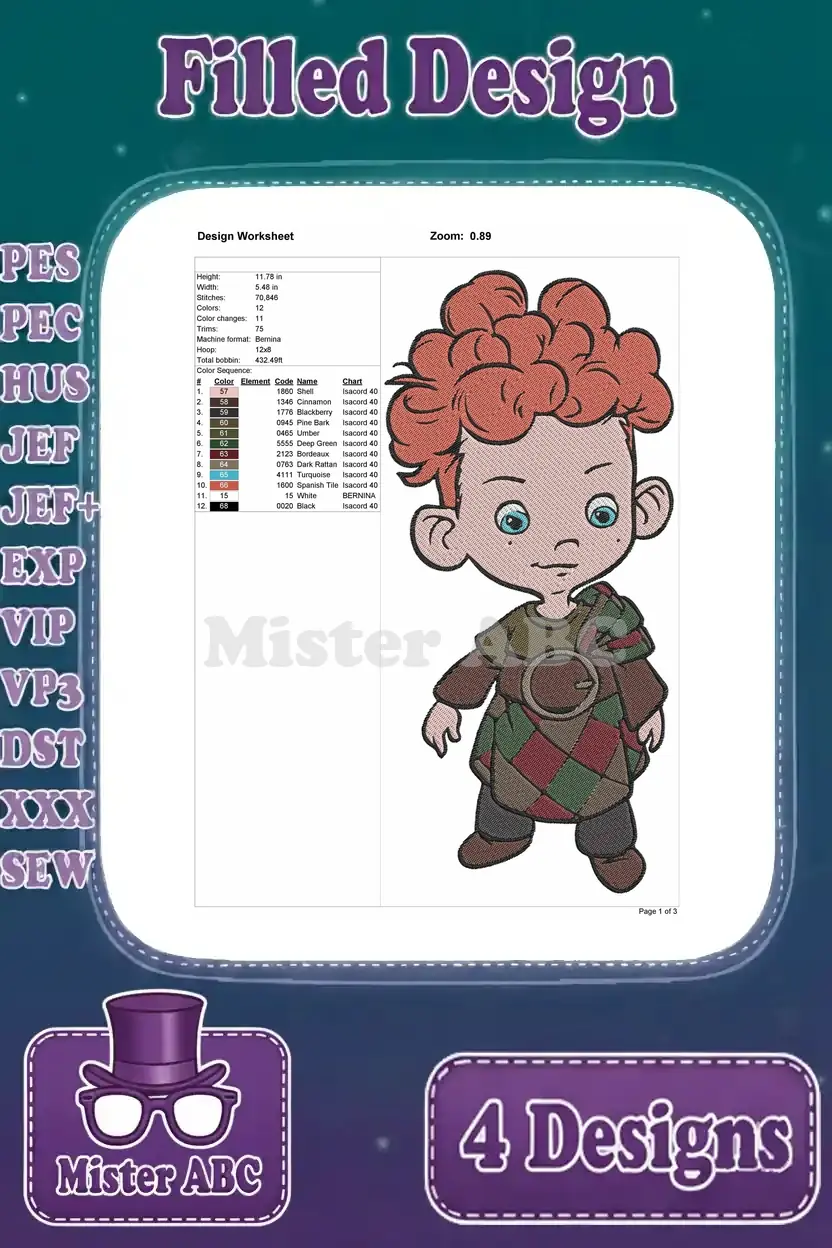 Design worksheet for the single triplet boy embroidery, detailing stitches, colors, and dimensions for crafting.