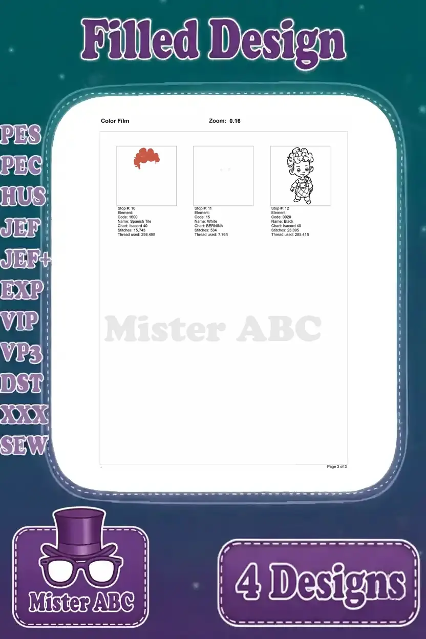 Second page of the color film for the single triplet boy design, completing the thread application sequence.