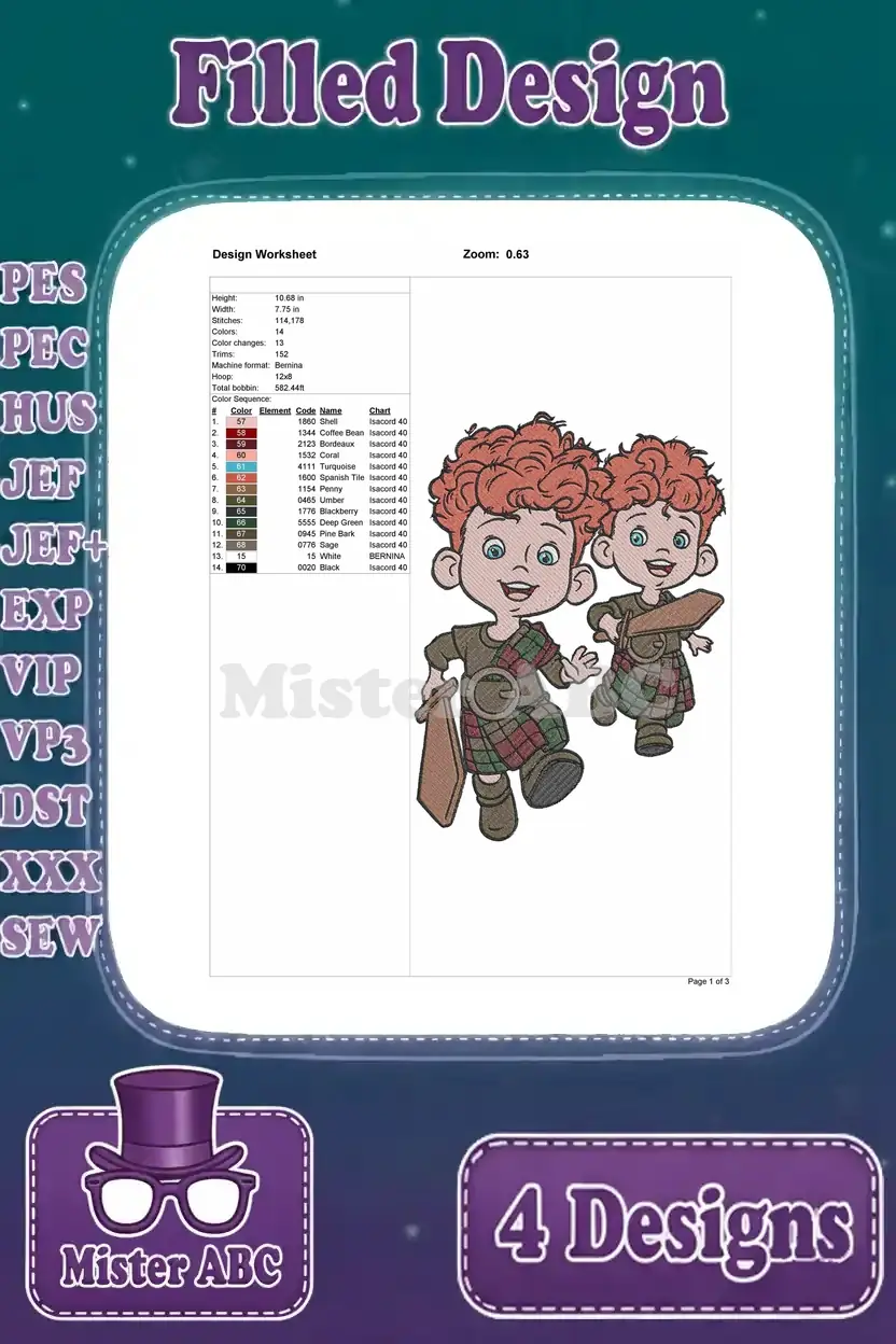 Design worksheet for the two triplet boys embroidery, specifying stitch counts, colors, and design size.