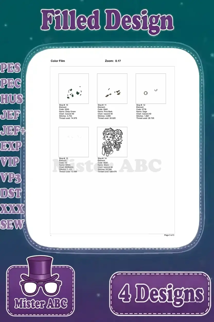 Second page of the color film for the two triplet boys design, showing the concluding stitch sequences.