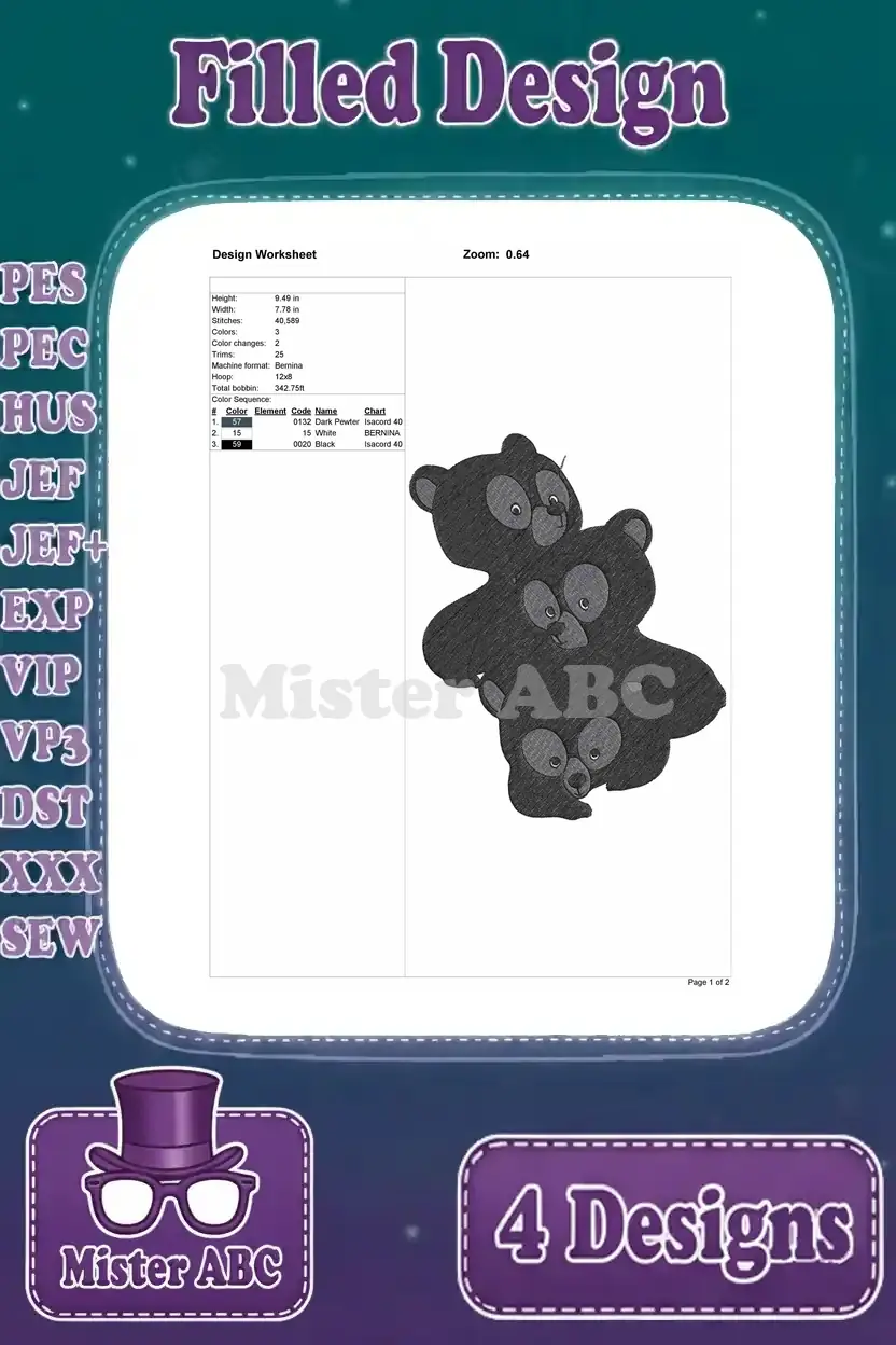 Design worksheet for the three bear cubs embroidery, detailing stitch counts, colors, and dimensions.