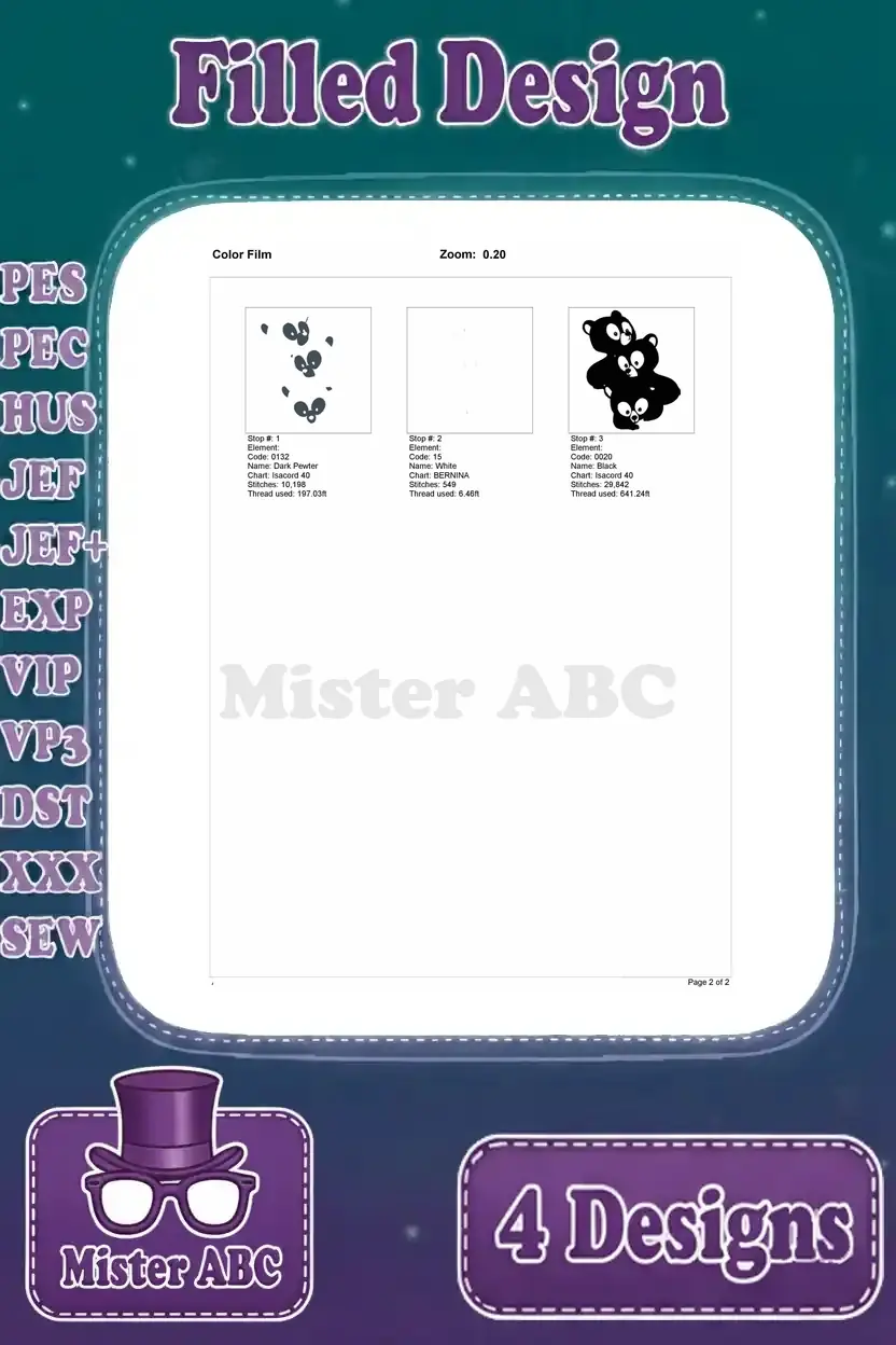 Color film breakdown for the three bear cubs embroidery design, illustrating the precise stitching order.