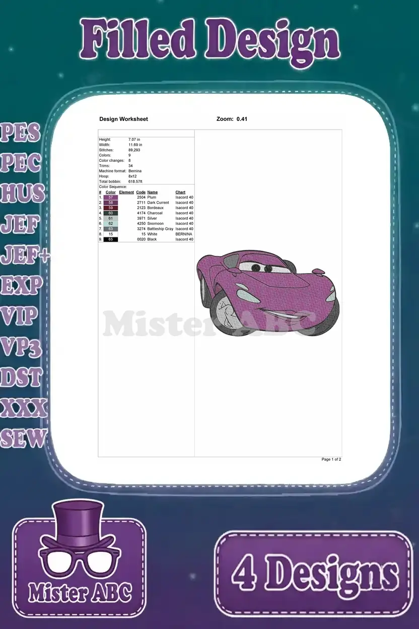 Design worksheet for the purple sports car (Sally Carrera) embroidery, with stitch details and colors.