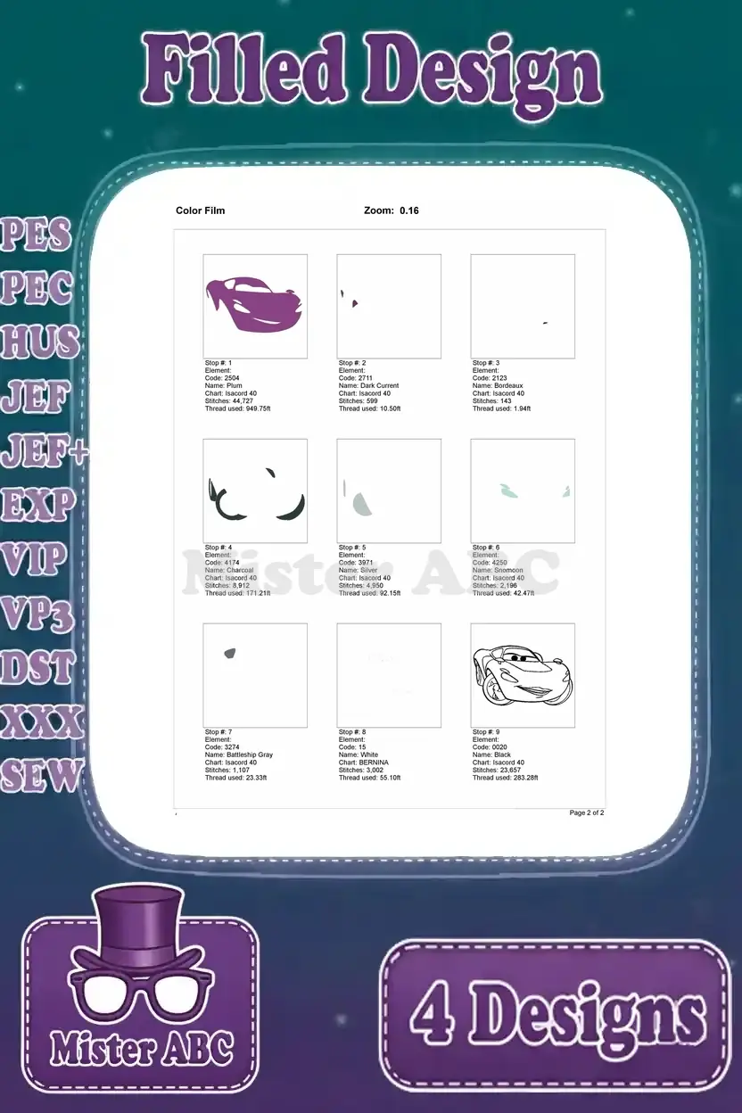 Color film breakdown for the Sally Carrera sports car design, showing all stitch layers and outline.