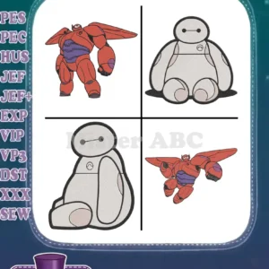 Four vibrant Baymax filled embroidery designs, two armored and two unarmored, showcasing detailed stitch work.