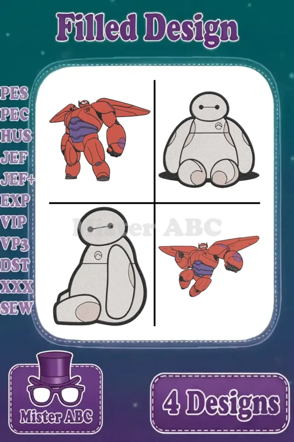 Four vibrant Baymax filled embroidery designs, two armored and two unarmored, showcasing detailed stitch work.