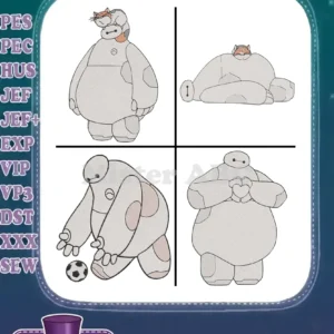 Four charming filled embroidery designs of Baymax in various poses: with a fox, relaxed, playing soccer, and holding a heart.