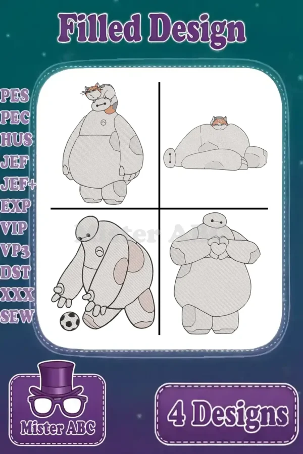 Four charming filled embroidery designs of Baymax in various poses: with a fox, relaxed, playing soccer, and holding a heart.