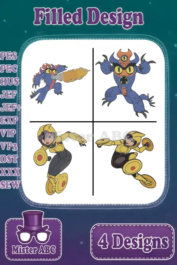 Four vibrant Big Hero 6 embroidery designs featuring Fredzilla and Go Go Tomago, available in multiple formats.