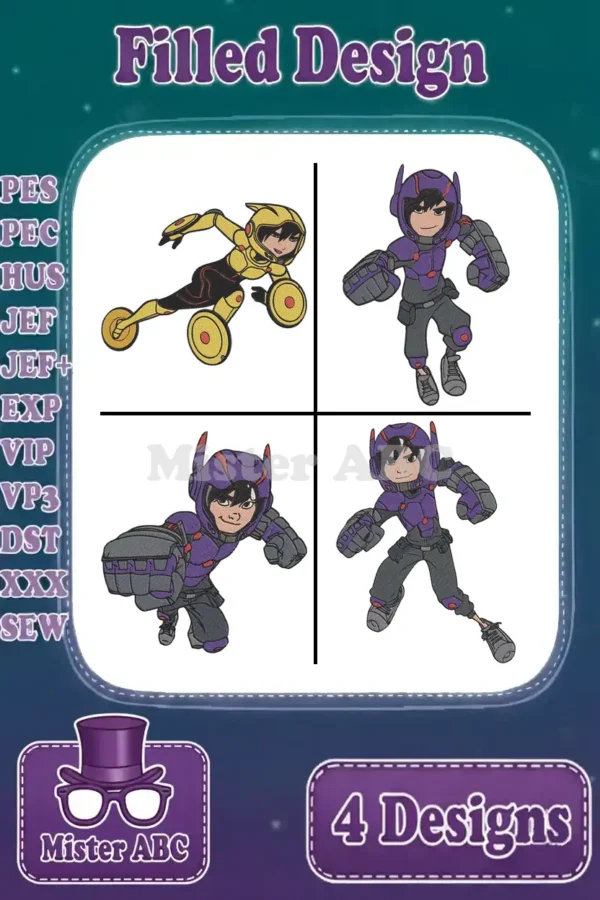 Main product image showing a bundle of four vibrant, filled embroidery designs featuring Go Go Tomago and Hiro Hamada.