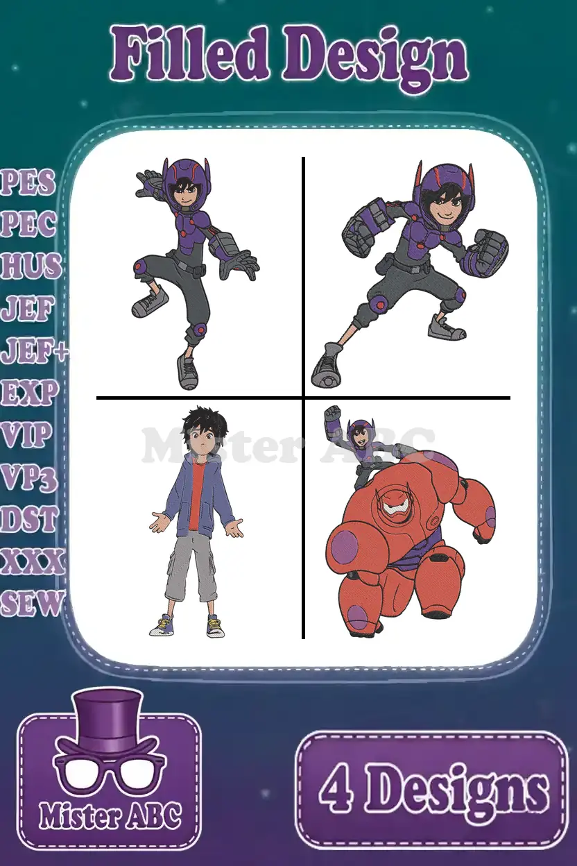 A dynamic Big Hero 6 embroidery bundle featuring four filled designs of Hiro Hamada and Baymax in various poses.