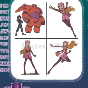 Four dynamic Big Hero 6 filled embroidery designs: Baymax with Hiro, and Honey Lemon in three distinct action poses.