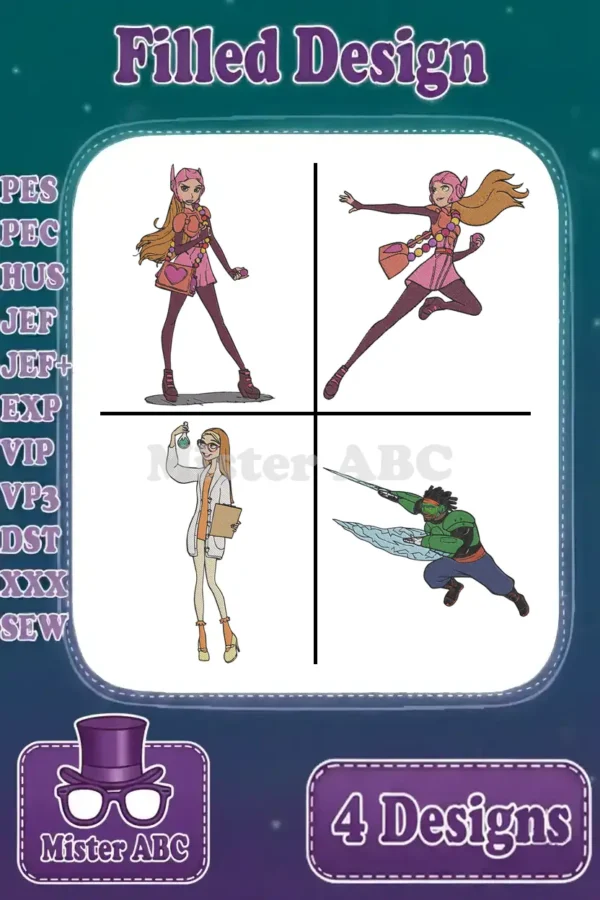 A vibrant Big Hero 6 embroidery bundle featuring Honey Lemon and Wasabi in four distinct, dynamic poses.