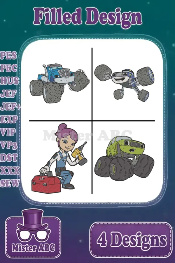 Four vibrant filled embroidery designs: blue monster truck, Blaze, Gabby with toolbox, and a green monster truck. Ideal for fans.