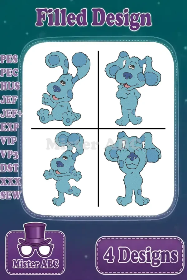 A compilation of four adorable Blue's Clues filled embroidery designs, showcasing different playful poses.
