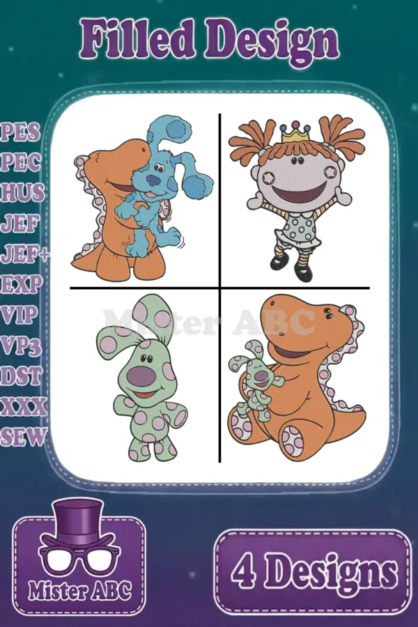 Four vibrant filled embroidery designs: Blue's Clues characters and a joyful girl, ready for your next project.