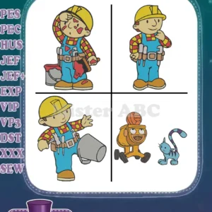 Four vibrant Bob the Builder and friends filled embroidery designs, ready for machine stitching in multiple formats.