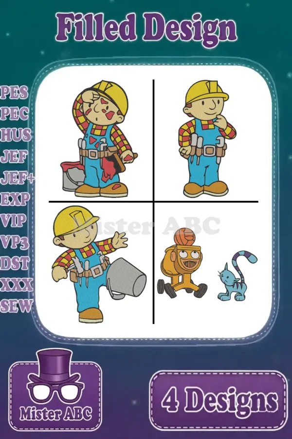 Four vibrant Bob the Builder and friends filled embroidery designs, ready for machine stitching in multiple formats.
