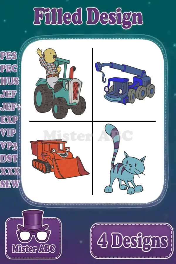A vibrant collage of four filled embroidery designs: Farmer Pickles on tractor, Lofty crane, Muck digger, and striped cat.