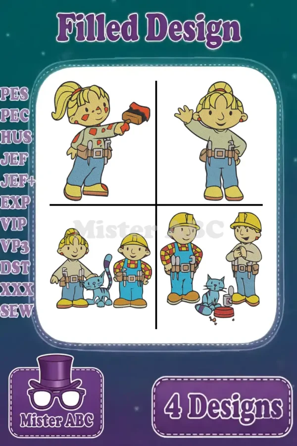 A vibrant main image displaying four filled embroidery designs of Bob the Builder characters, ready for crafting.