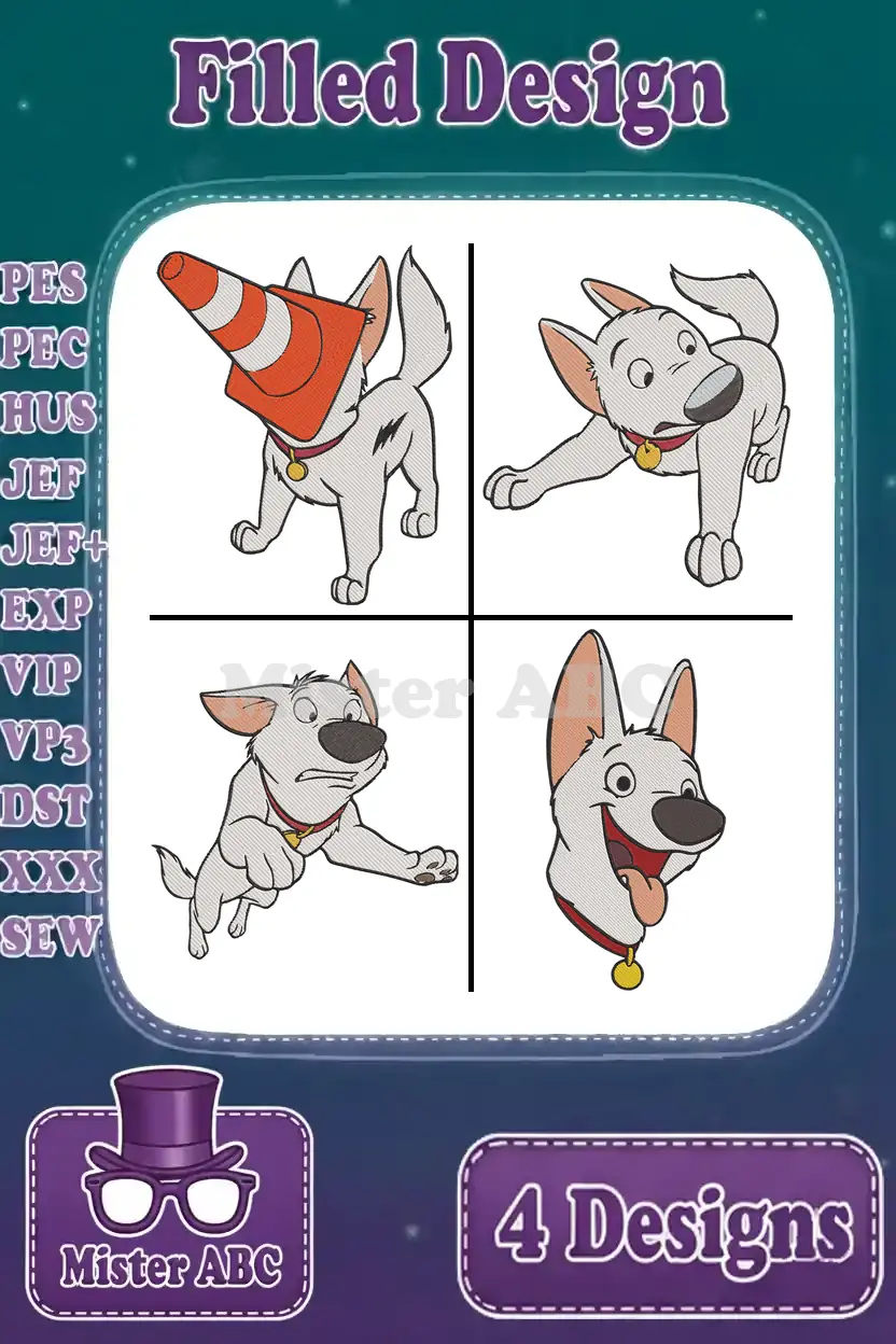 A vibrant collection of four filled embroidery designs featuring Bolt, the heroic super dog, in various playful poses.