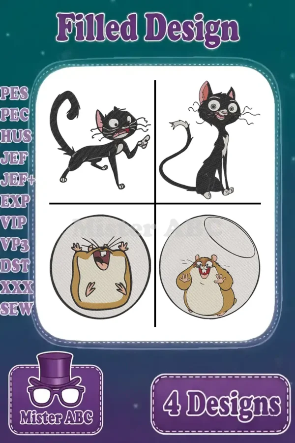 A vibrant collection of four filled embroidery designs featuring two poses of Mittens the cat and two of Rhino the hamster from Bolt, ready for digital download.