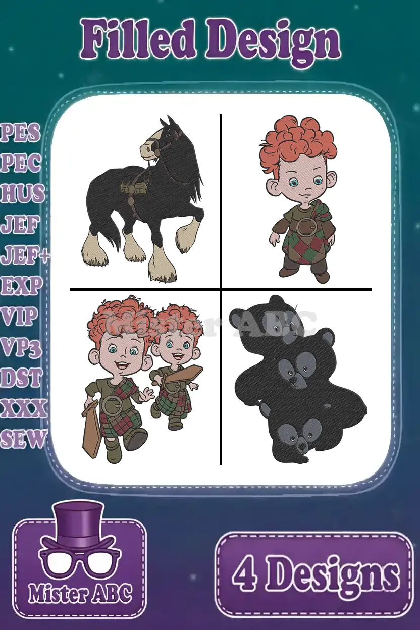 Four vibrant Brave-themed filled embroidery designs: Angus the horse, a triplet boy, two triplet boys, and three bear cubs.