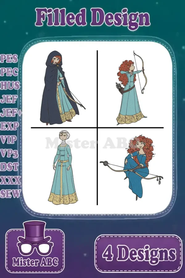 Main product image showing a bundle of four Merida filled embroidery designs, highlighting various poses and supported file formats.