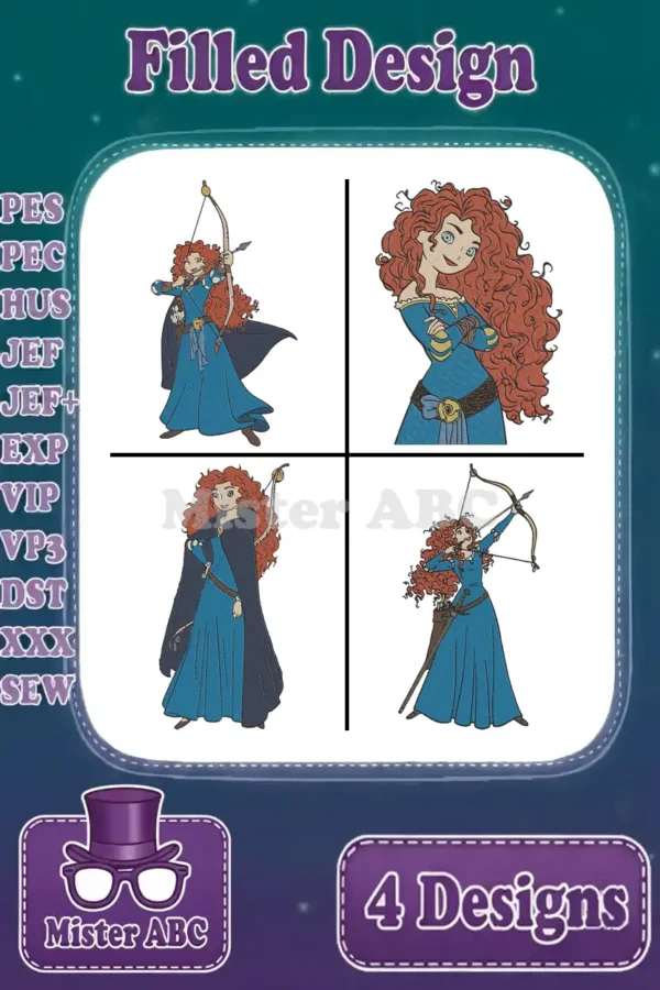 Explore a bundle of four distinct Merida embroidery designs, showcasing her adventurous spirit in various poses.