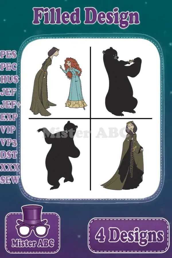 Main product image showing four filled embroidery designs: Merida with Queen Elinor, two bear silhouettes, and Queen Elinor solo. All for machine embroidery.