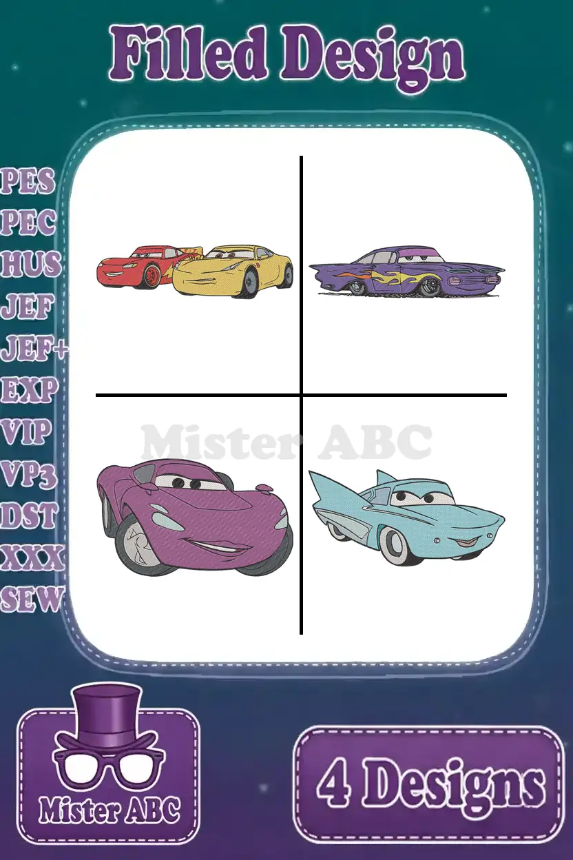A vibrant bundle of four filled embroidery designs featuring iconic animated cars like Lightning McQueen and Ramone.