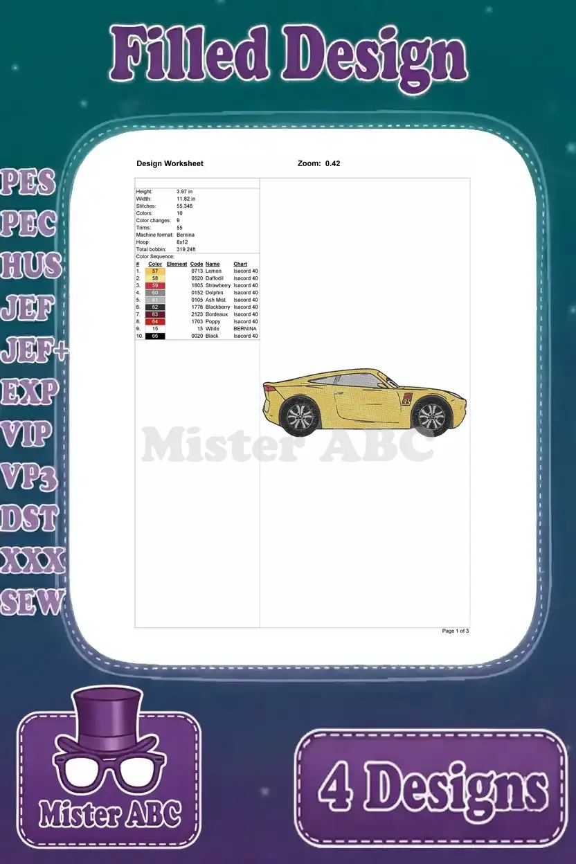 Design worksheet for the yellow sports car embroidery, detailing dimensions, stitch count, color changes, and thread chart.