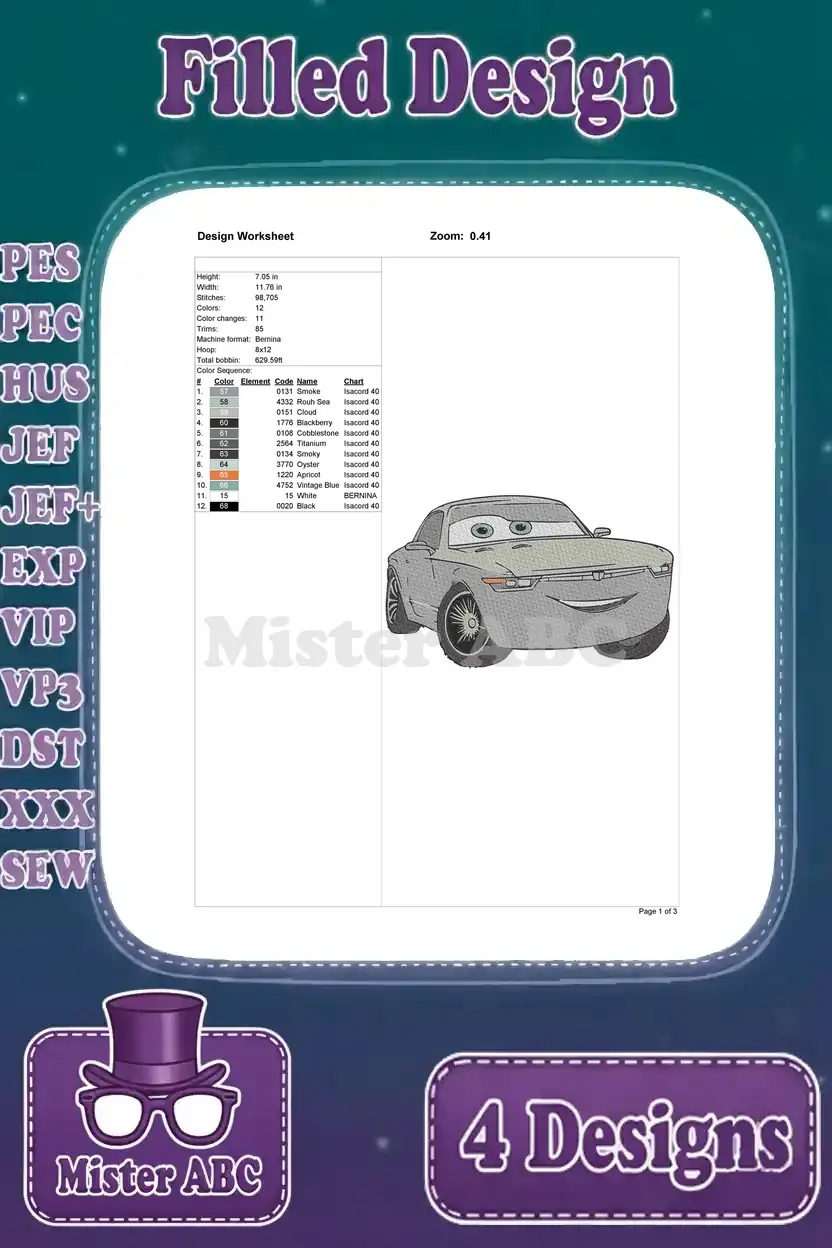 Design worksheet for the sleek grey car embroidery, detailing dimensions, stitch count, color changes, and thread chart.