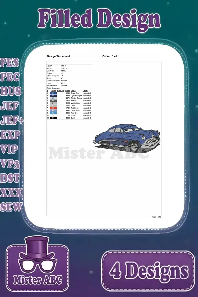 Detailed design worksheet for the Doc Hudson filled embroidery, displaying its dimensions, stitch count, and comprehensive color chart.