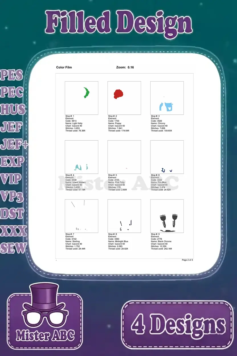 First page of the color film for Guido embroidery, illustrating the initial stitch stops and thread sequence.