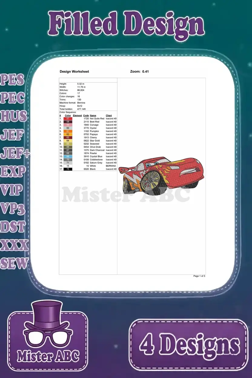 A detailed design worksheet for the first Lightning McQueen filled embroidery design, showing thread colors and stitch count.