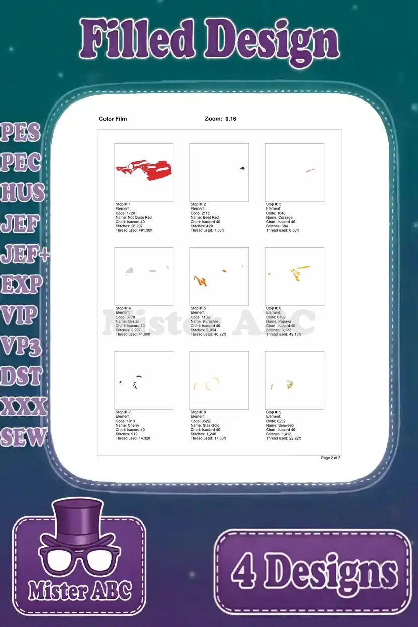 Color film breakdown for the first Lightning McQueen filled embroidery design, showing individual stitch steps.